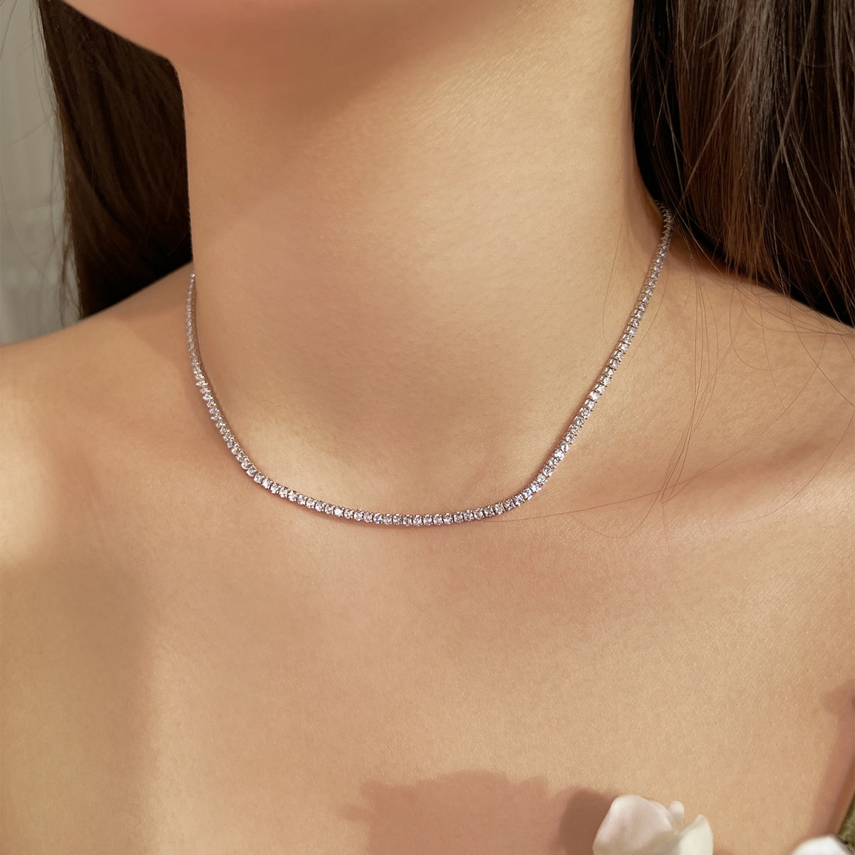 [Noble Jewelry]Delicate Round Shape Tennis Necklace